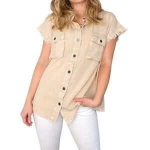 NWT Easel Frayed Sleeve Button Down Shirt Cotton Womens L Boho Casual Festival